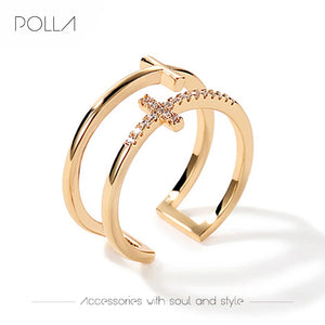 Japanese-Korean Style Double Cross Zircon Ring for Women