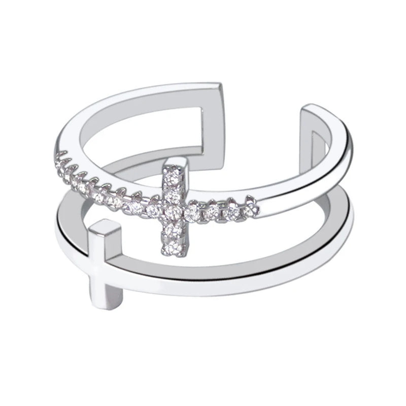 Japanese-Korean Style Double Cross Zircon Ring for Women