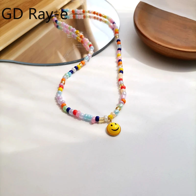 Japanese Personalized Colorful Rice Bead Necklace Funny Face Neck Chain