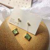 Japanese Retro Square Glass Green Stone Clip On Earrings for Women Lady Party Ev