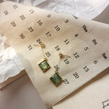 Japanese Retro Square Glass Green Stone Clip On Earrings for Women Lady Party Ev