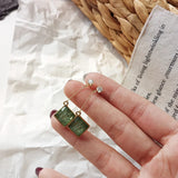 Japanese Retro Square Glass Green Stone Clip On Earrings for Women Lady Party Ev