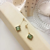 Japanese Retro Square Glass Green Stone Clip On Earrings for Women Lady Party Ev