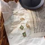 Japanese Retro Square Glass Green Stone Clip On Earrings for Women Lady Party Ev