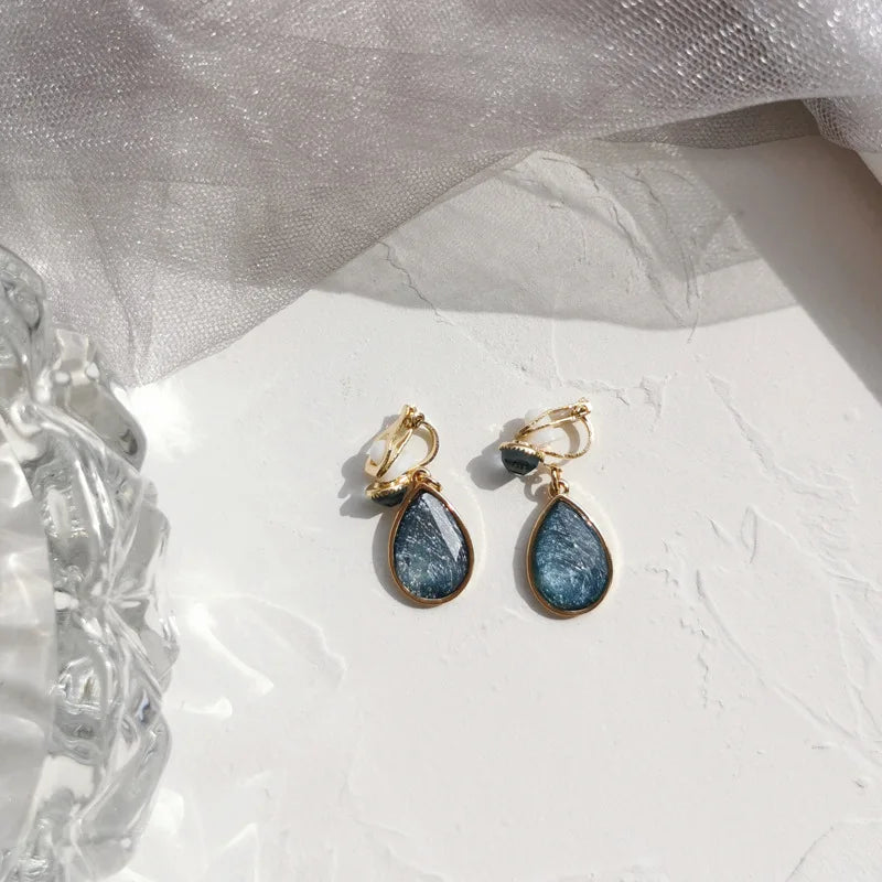 Japanese Temperament Female Crystal Stone Water Drop Clip Earrings