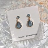 Japanese Temperament Female Crystal Stone Water Drop Clip Earrings
