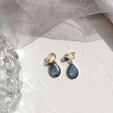Japanese Temperament Female Crystal Stone Water Drop Clip Earrings