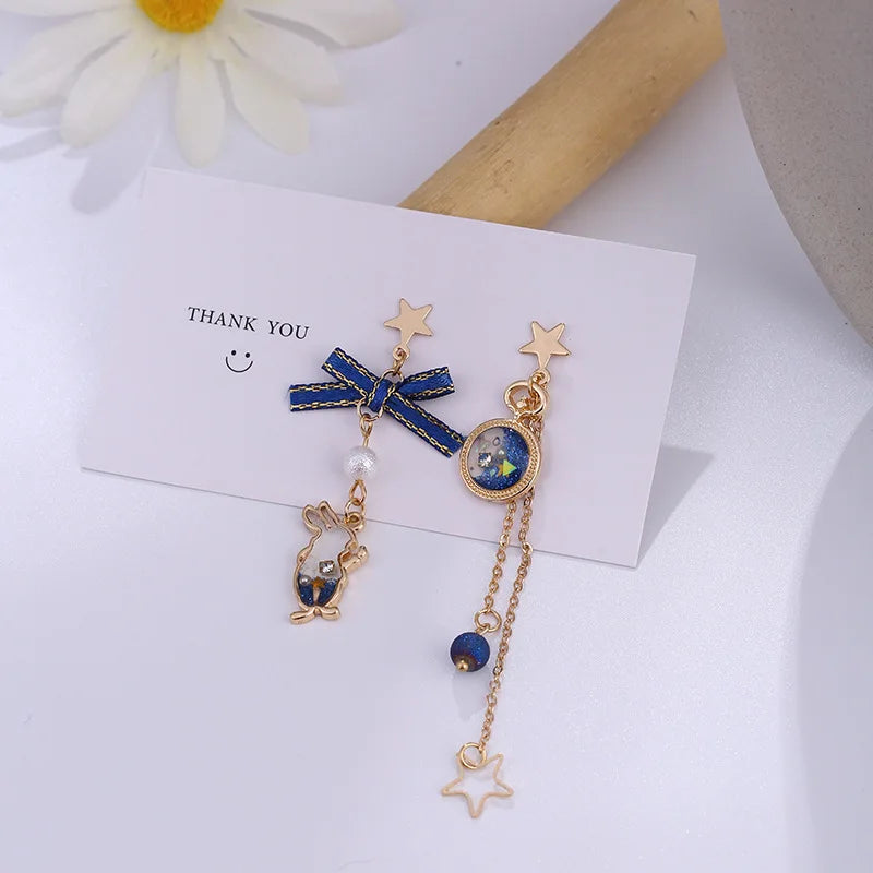 Japanese Rabbit Clip Earring Asymmetric Bow Moon Star Long Clip Without Piercing