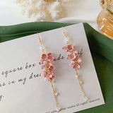 Japanese Style Pink Flower Tassel Clip Earrings Crystal Bride