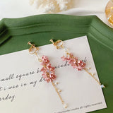 Japanese Style Pink Flower Tassel Clip Earrings Crystal Bride