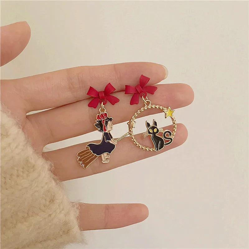 Japanese Witch Cat Clip Earrings Funny Cartoon Bow Cat Clip No Piercing