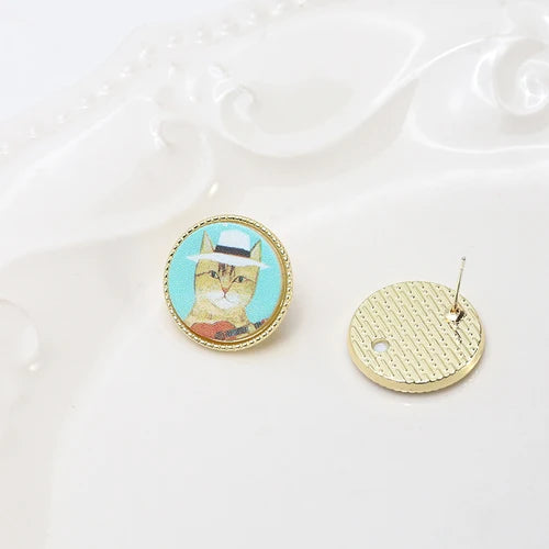 Japanese Cat Oil Painting Silver Stud Earrings