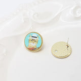 Japanese Cat Oil Painting Silver Stud Earrings
