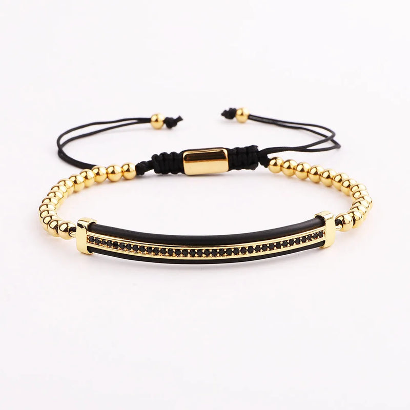 Jaravvi High CZ Micro Pave Bar Stainless Steel Beads Cord Bracelet