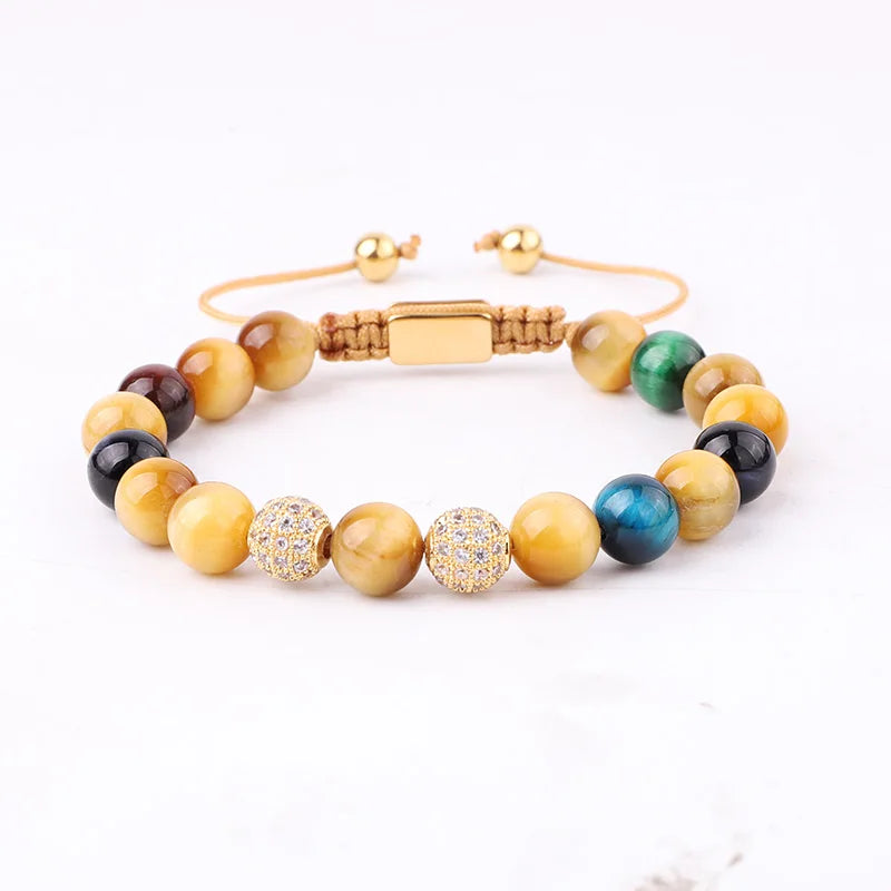 Jaravvi 8mm Tiger Eye Crystal CZ Ball Bracelet