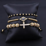 Jaravvi Stainless Steel Beads CZ Eye Cross Charm Bracelet Set