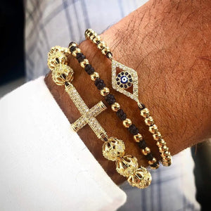 Jaravvi Stainless Steel Beads CZ Eye Cross Charm Bracelet Set