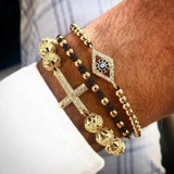 Jaravvi Stainless Steel Beads CZ Eye Cross Charm Bracelet Set
