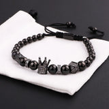 Jaravvi Micro CZ Pave Crown Charm Stainless Steel Braided Macrame Bracelet