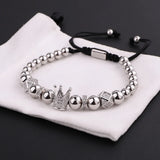 Jaravvi Micro CZ Pave Crown Charm Stainless Steel Braided Macrame Bracelet