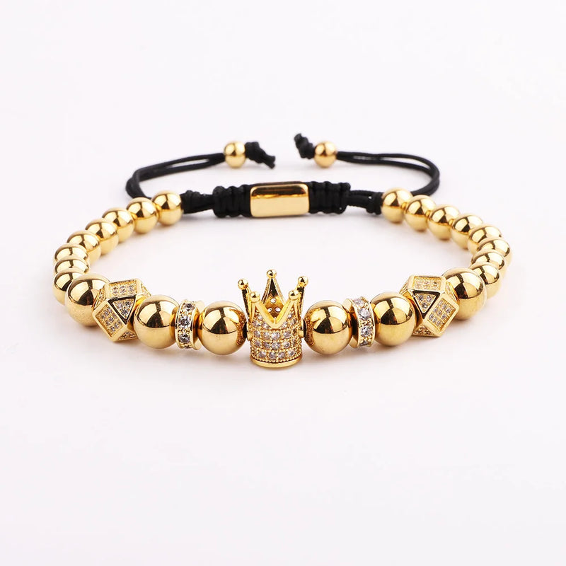 Jaravvi Micro CZ Pave Crown Charm Stainless Steel Braided Macrame Bracelet