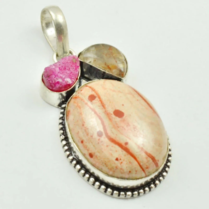 Jaspers & Rutiles Quarts Pendant Silver Overlay over Copper 52mm