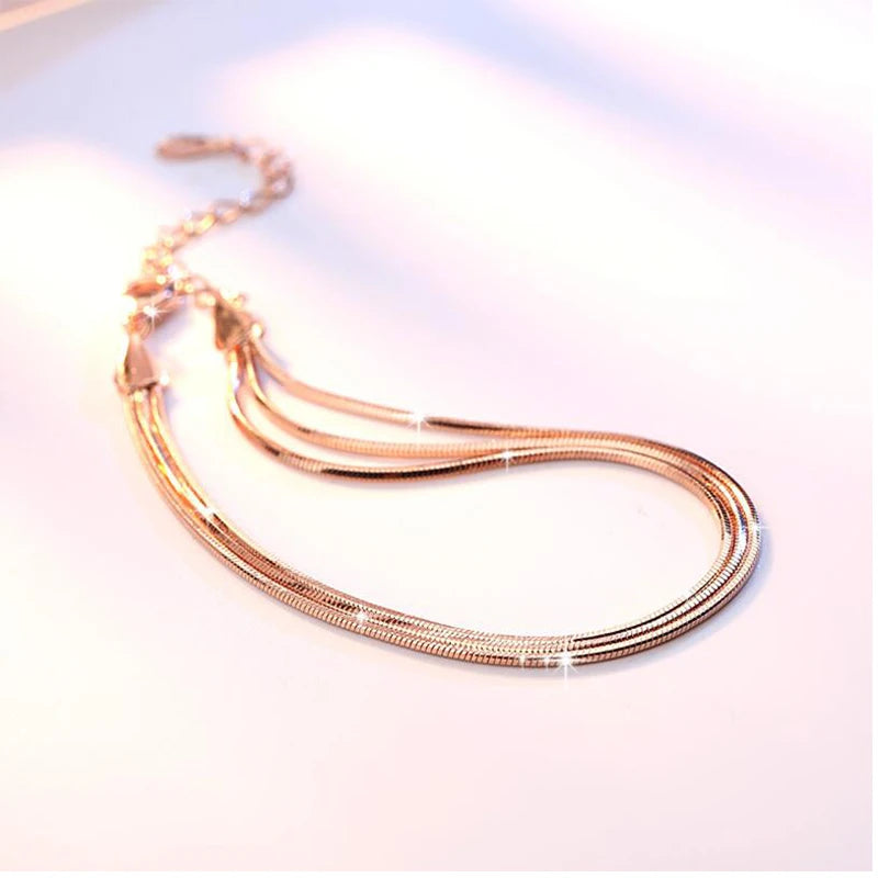 925 Silver Three Rows Snake Chain Bracelet For Women