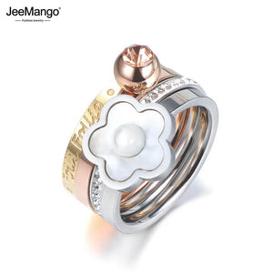 Stainless Steel Plum Blossom CZ Bridal Wedding Ring JR18011