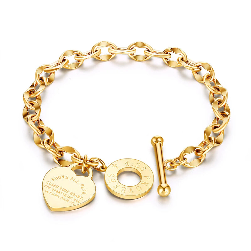 Titanium Steel Chain Female Bracelet Love Bible Proverbs 4:23 JB19053