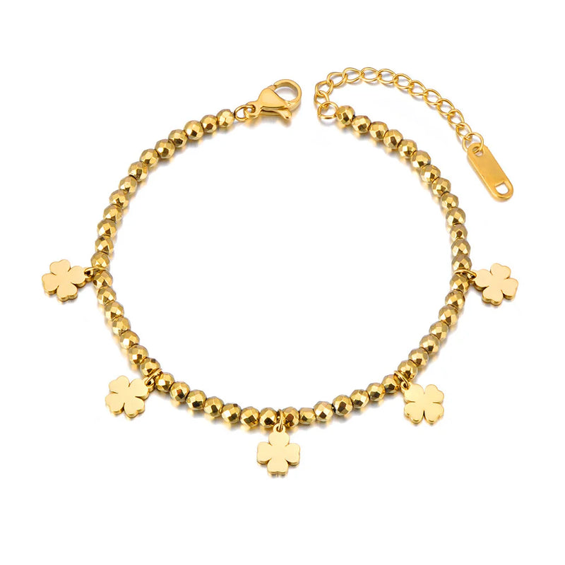 Golden Hematite Stone Beads Chain Bracelet Heart Flower Charm JB23113