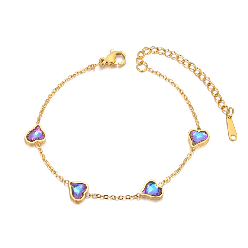 Heart Chain Bracelet CZ Crystal 18K Plated Stainless Steel Charm Jewelry