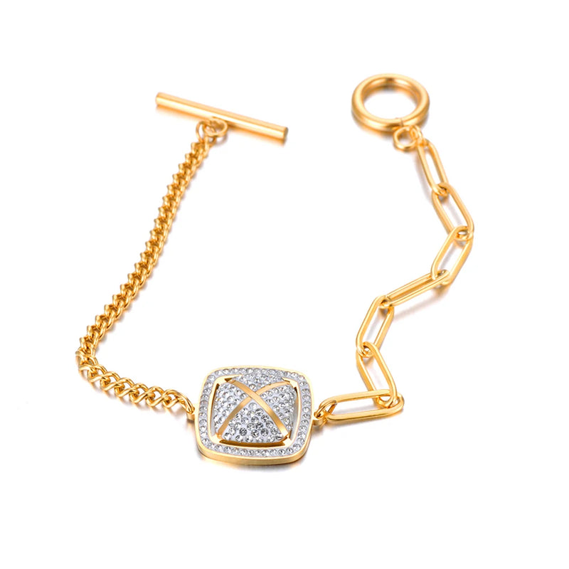 Rhinestone Square Charm Bracelet Stainless Steel Chain JB23031