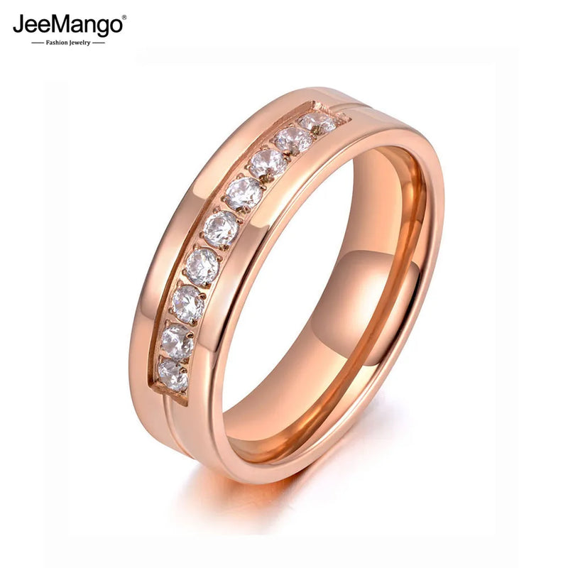 Rose CZ Crystal Charm Titanium Stainless Steel Wedding Ring for Women