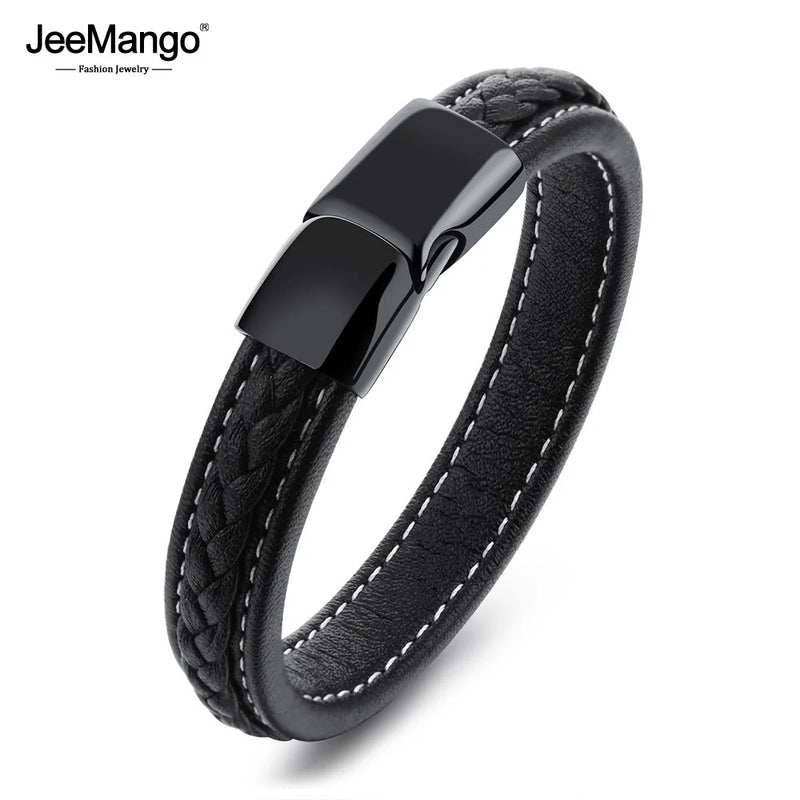 Men's Leather Wrap Bracelet Stainless Steel Buckle Charm Bangle