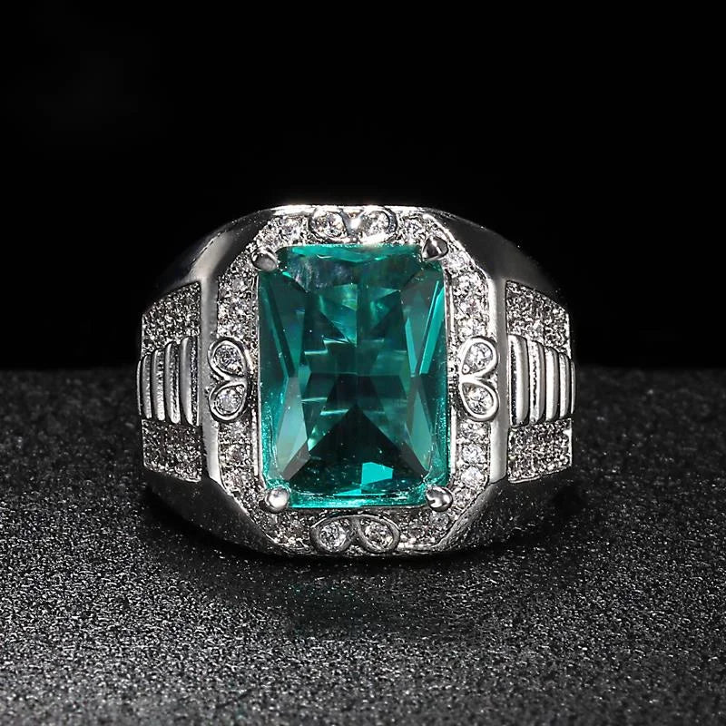 925 Silver Men's Ring Emerald Green Zircon Business Man Rings