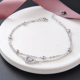 Jellystory 925 Silver Bracelet Heart Zircon Bead Double Chain Wedding Jewelry