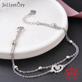 Jellystory 925 Silver Bracelet Heart Zircon Bead Double Chain Wedding Jewelry