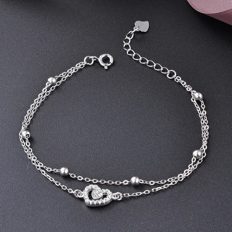 Jellystory 925 Silver Bracelet Heart Zircon Bead Double Chain Wedding Jewelry
