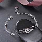 Jellystory 925 Silver Bracelet Heart Zircon Bead Double Chain Wedding Jewelry