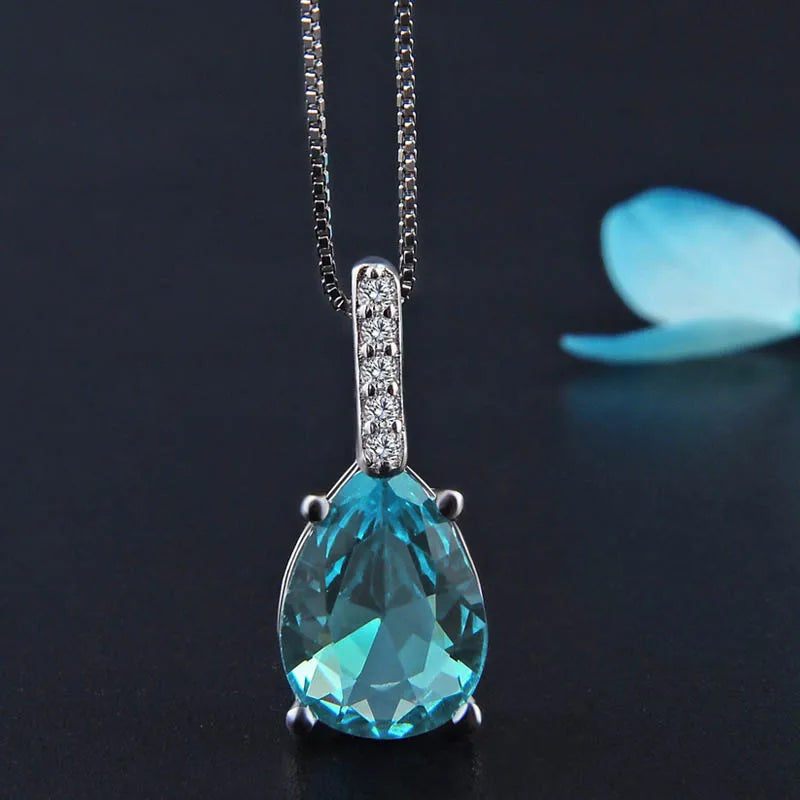 925 Silver Necklace with Water Drop Sapphire Zircon Pendant