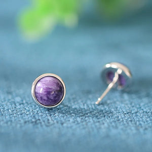925 Silver Purple Crystal Stud Earrings 6.5mm Round Female Wedding Anniversary