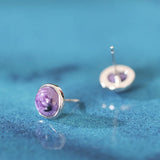 925 Silver Purple Crystal Stud Earrings 6.5mm Round Female Wedding Anniversary