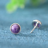 925 Silver Purple Crystal Stud Earrings 6.5mm Round Female Wedding Anniversary