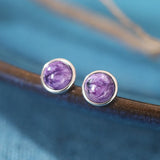 925 Silver Purple Crystal Stud Earrings 6.5mm Round Female Wedding Anniversary