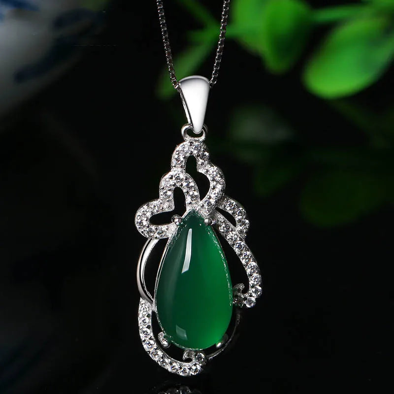 925 Silver Necklace Water Drop Emerald Zircon Pendant Wedding Party Jewelry