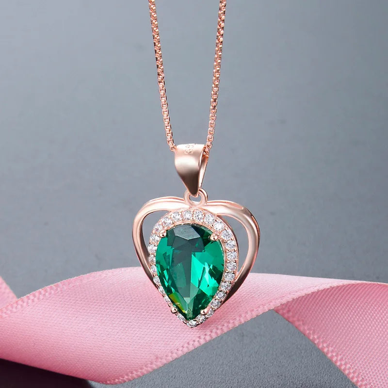925 Silver Necklace with Heart Emerald Zircon Pendant Women Wedding Party