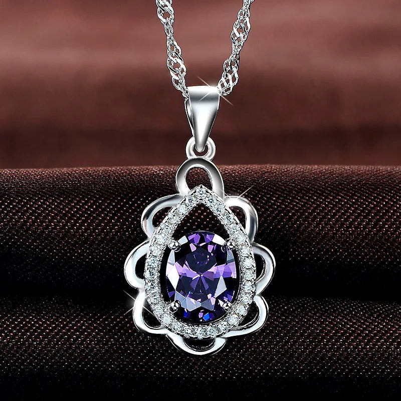 925 Silver Necklace with Oval Amethyst Zircon Pendant