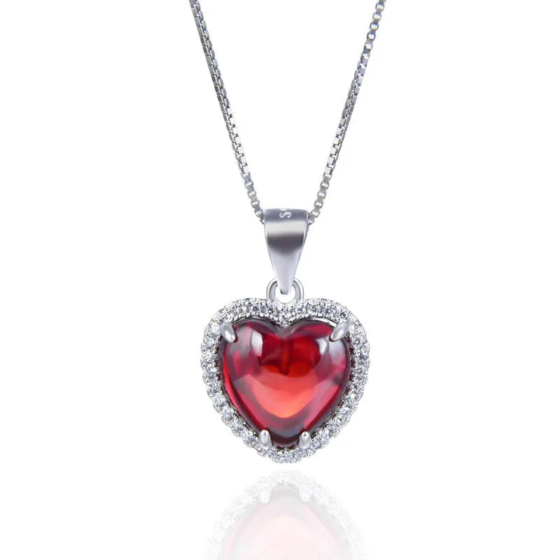925 Silver Women Necklace with Heart Ruby Zircon Pendant