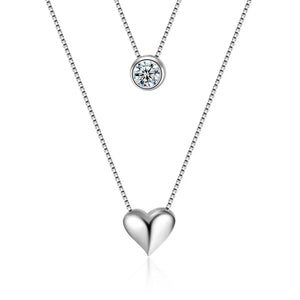 Jellystory Silver 925 Heart-shaped Double Necklace Zircon Pendant Wedding Gift