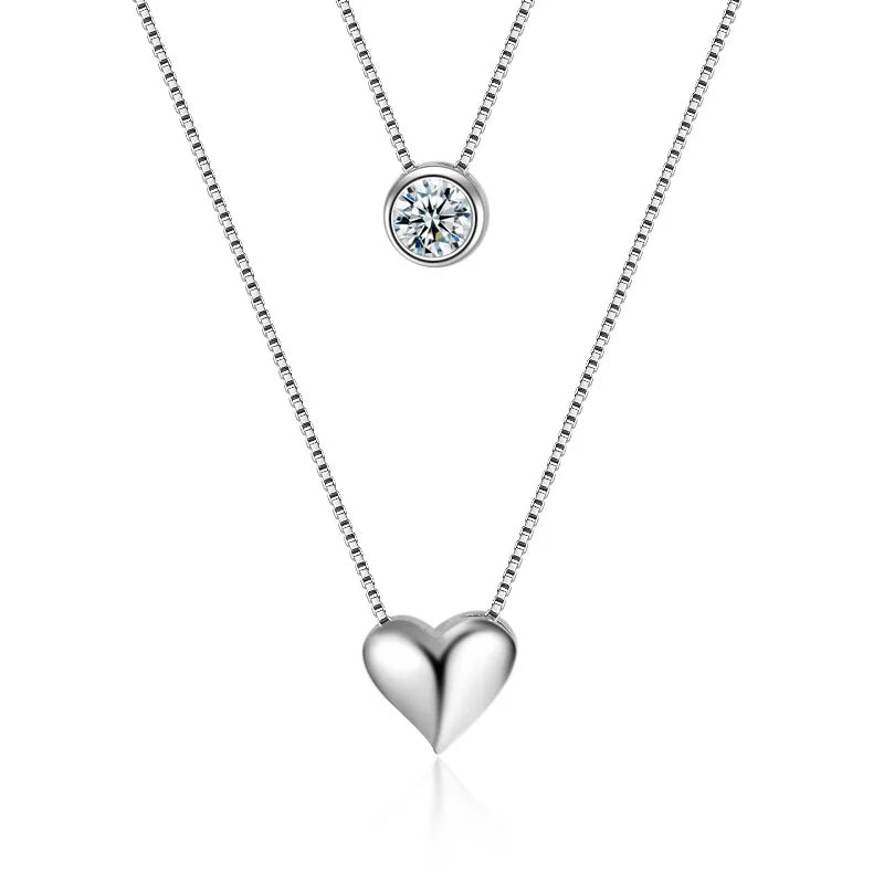 Jellystory Silver 925 Heart-shaped Double Necklace Zircon Pendant Wedding Gift